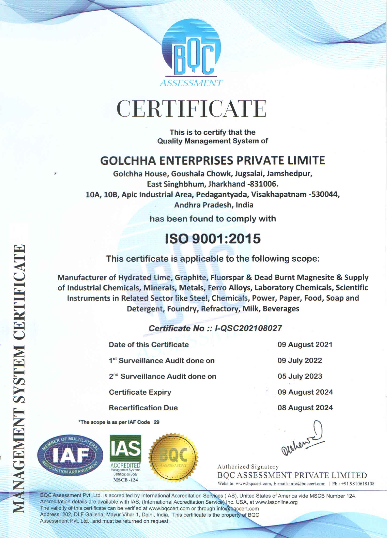Golchha ISO certification certificate